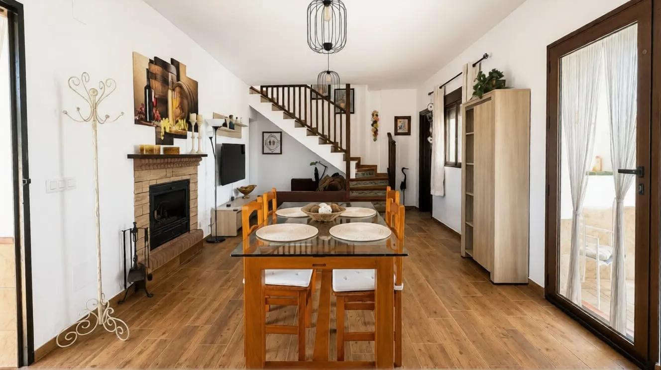 Living room at El Olivo with fireplace, dining table and staircase