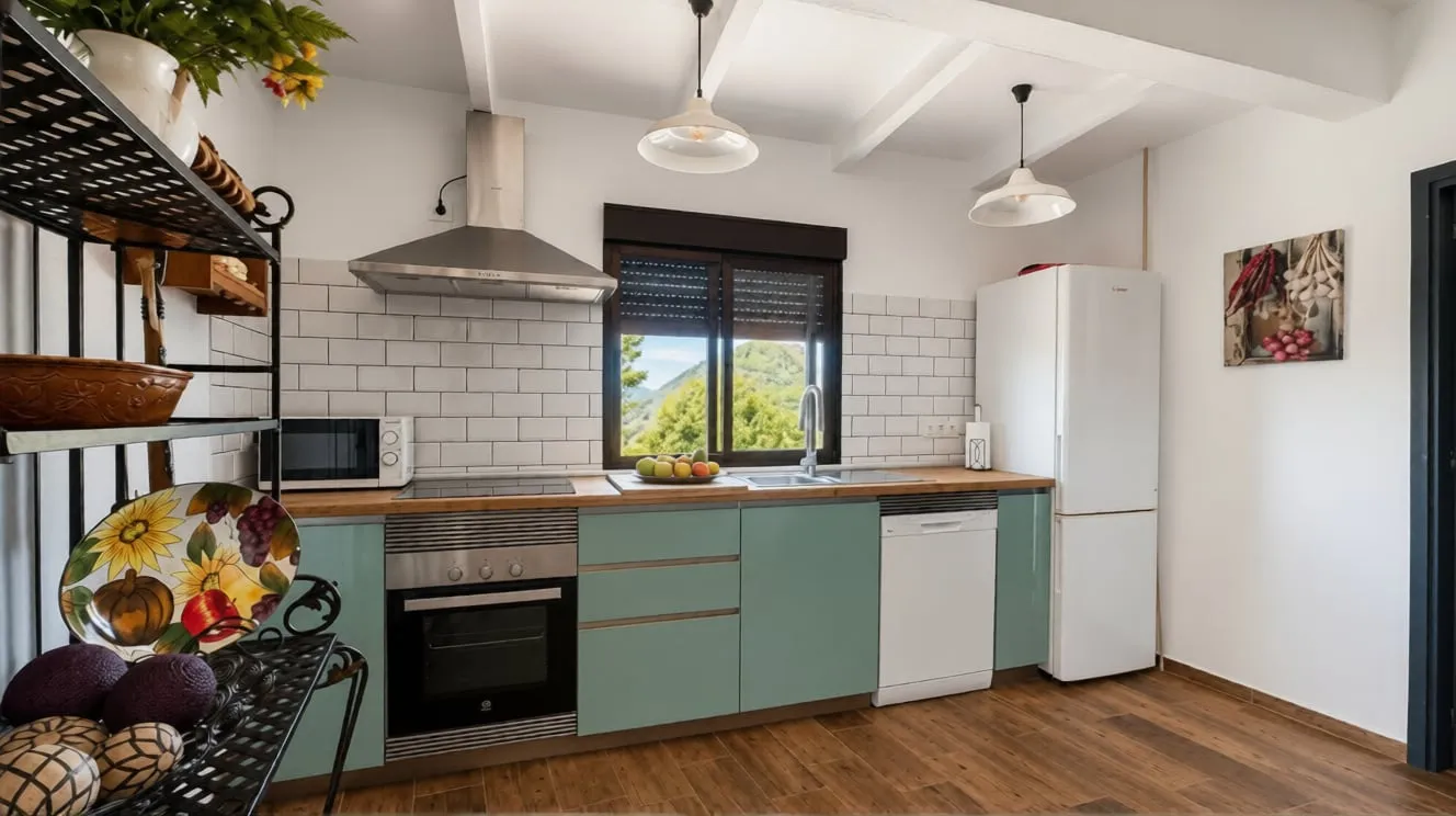 Kitchen at El Olivo with subway tile and views to the sierra