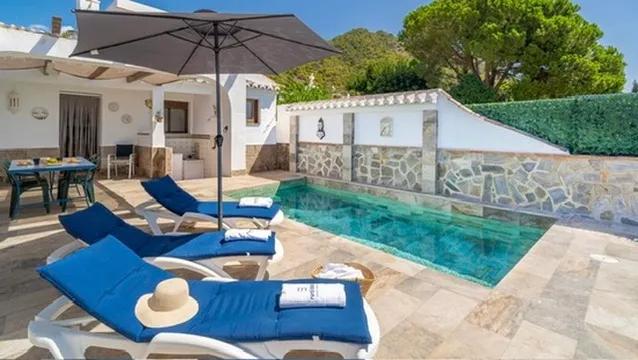 Row of sun loungers along the pool